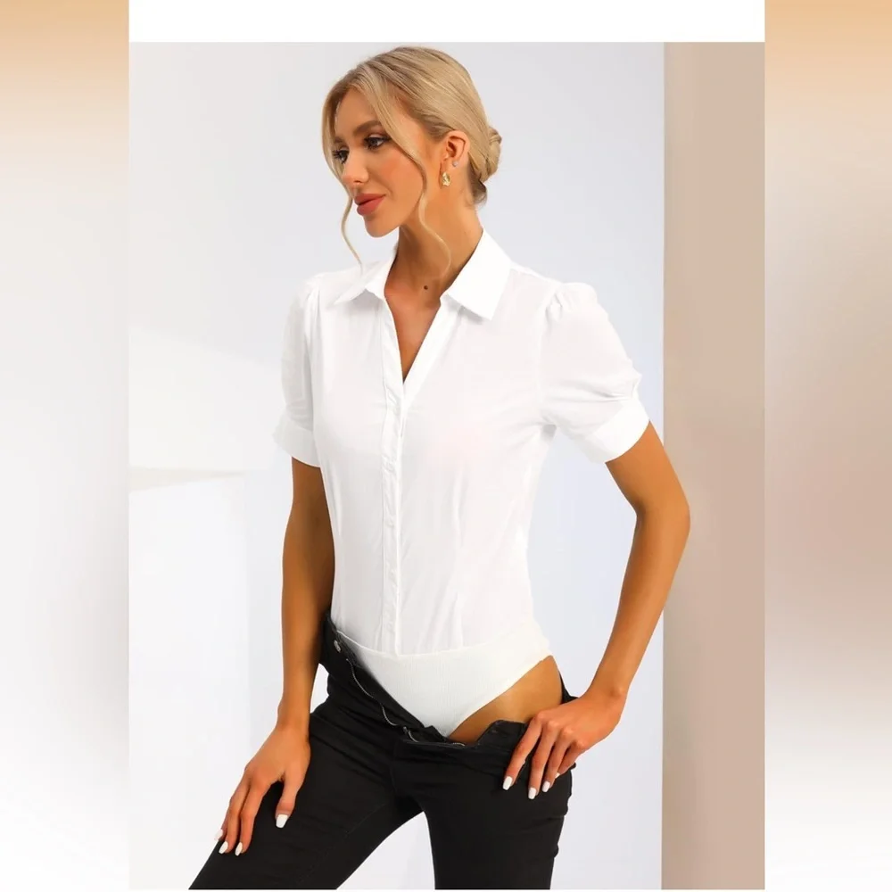 Allegra K Women's Bodysuit Button Down Collared Short Sleeve  S 845-11 - Picture 3 of 8